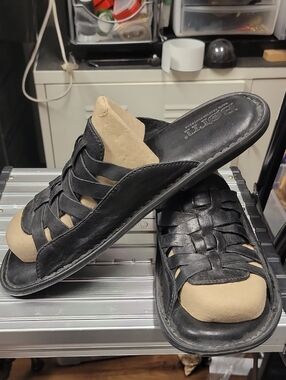 Born Black Leather Men's Woven Slide Sandals with Tan Toe